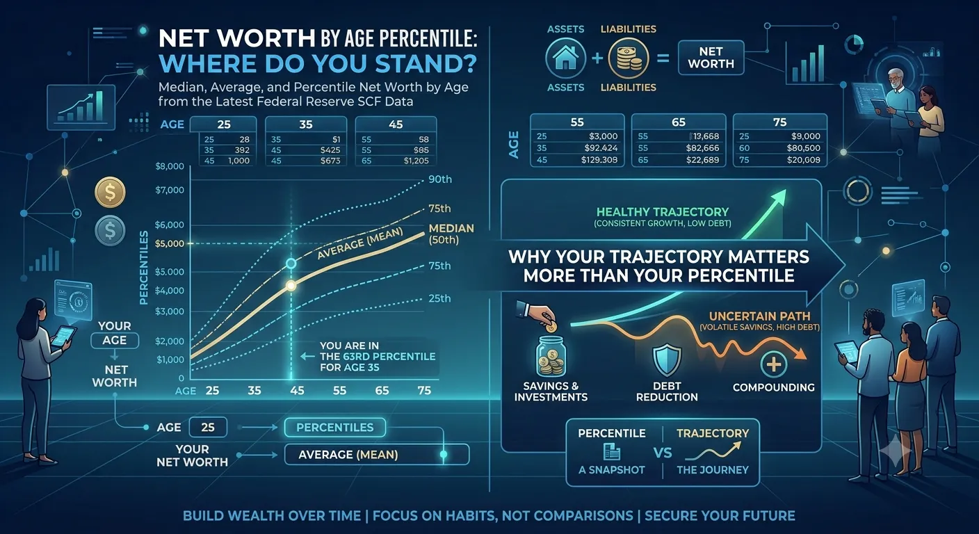 Net worth tracker dashboard displaying assets, liabilities, and net worth trajectory